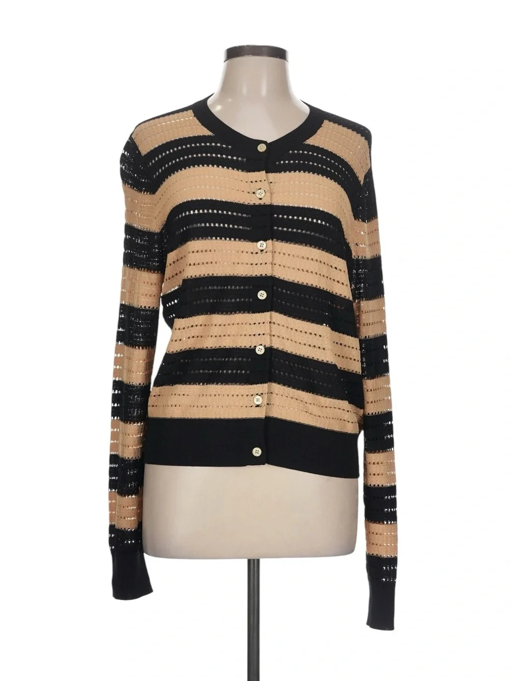 J. Crew Pointelle Stitch Cardigan in Stripe Size Large Tan Black Workwear Office